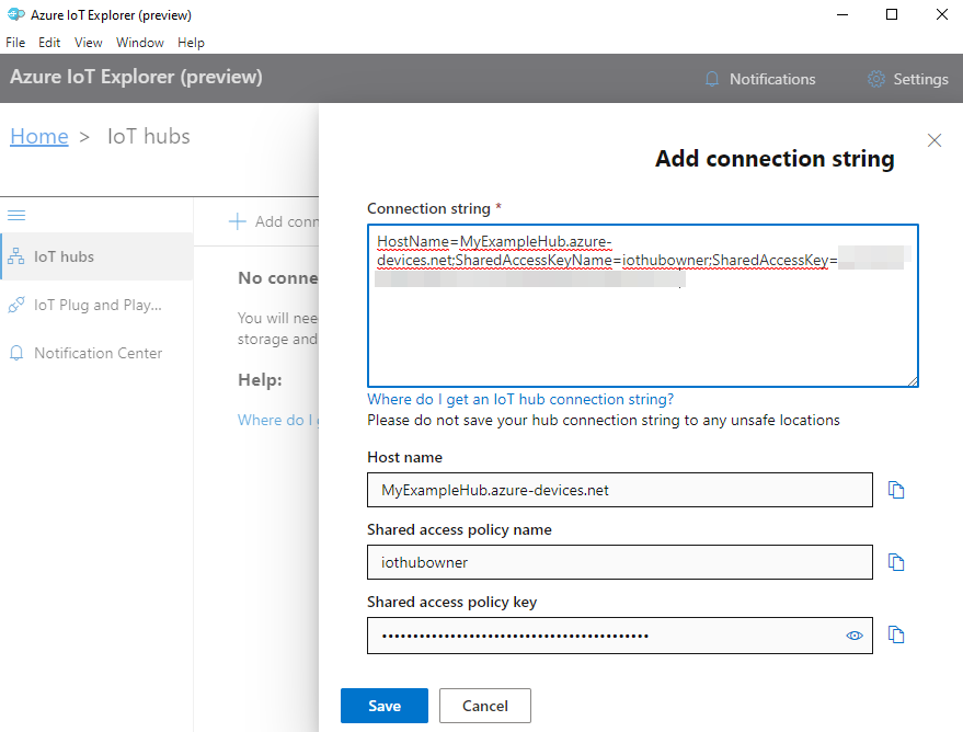 Captura de tela da adição de uma conexão no Explorer do IoT