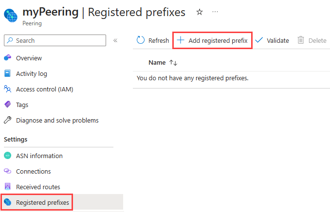 Captura de tela que mostra o painel de prefixo registrado no portal do Azure.