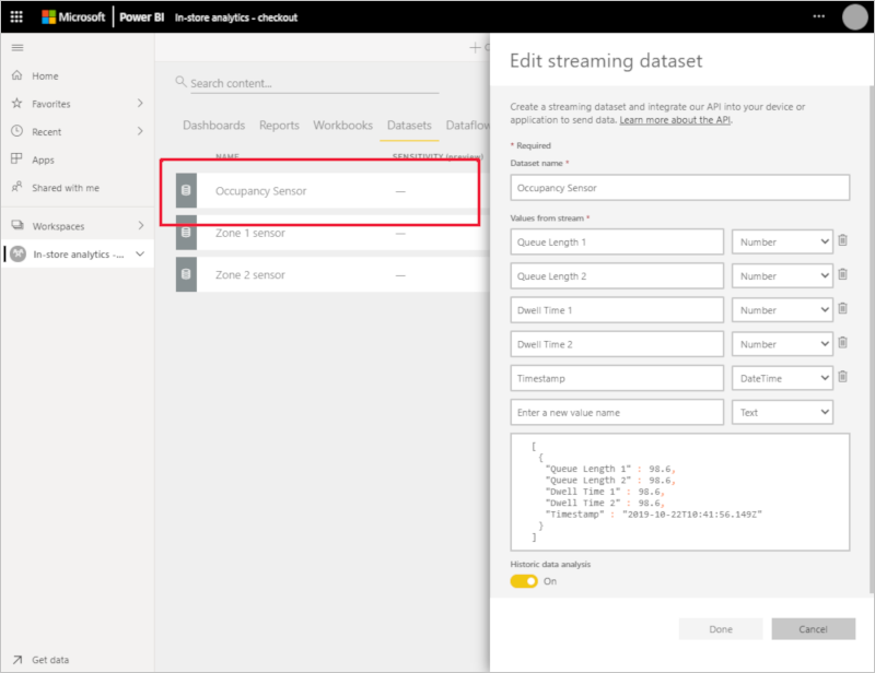 Captura de tela que mostra a definição de data set de ocupação no Power BI.