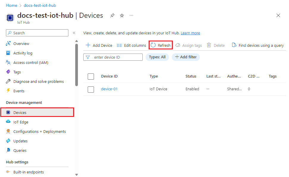 Captura de tela mostrando que o dispositivo provisionado está registrado no hub IoT.