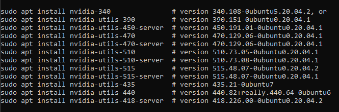 Captura de tela de todas as versões de `nvidia-smi`.