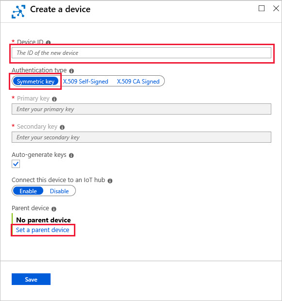 Captura de tela de como criar uma identidade do dispositivo com a autorização de chave simétrica no portal do Azure.