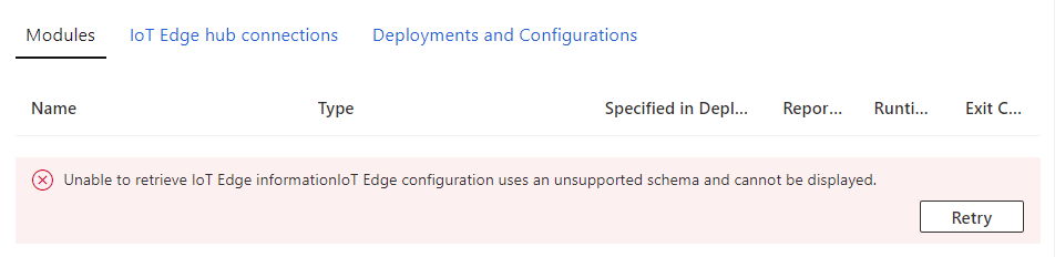 Captura de tela do erro do portal do Azure na página do dispositivo IoT Edge.