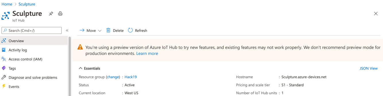 Imagem mostrando a faixa para o Hub IoT no modo de versão prévia