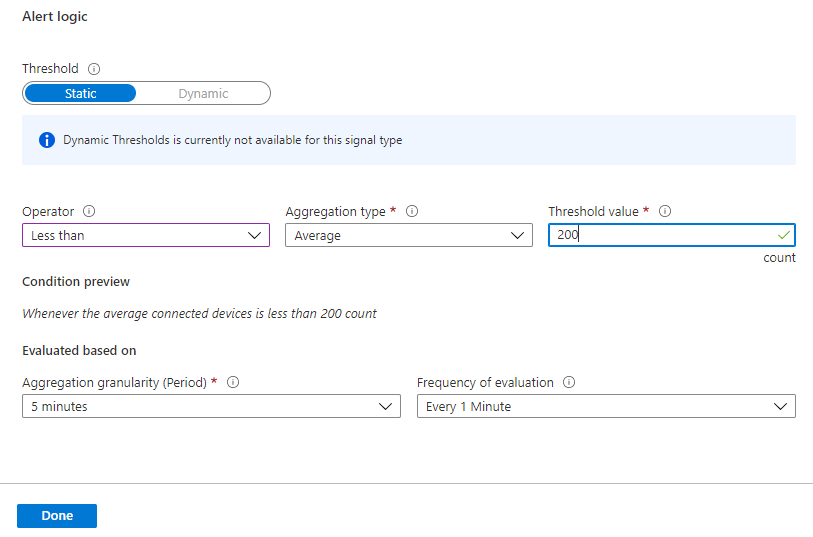 Configurações de lógica de alerta para métrica de dispositivos conectados.