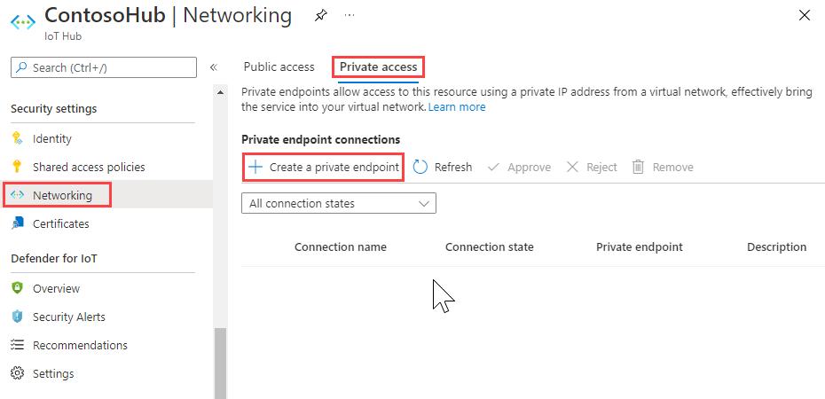 Captura de tela que mostra o local em que um ponto de extremidade privado é adicionado ao Hub IoT.