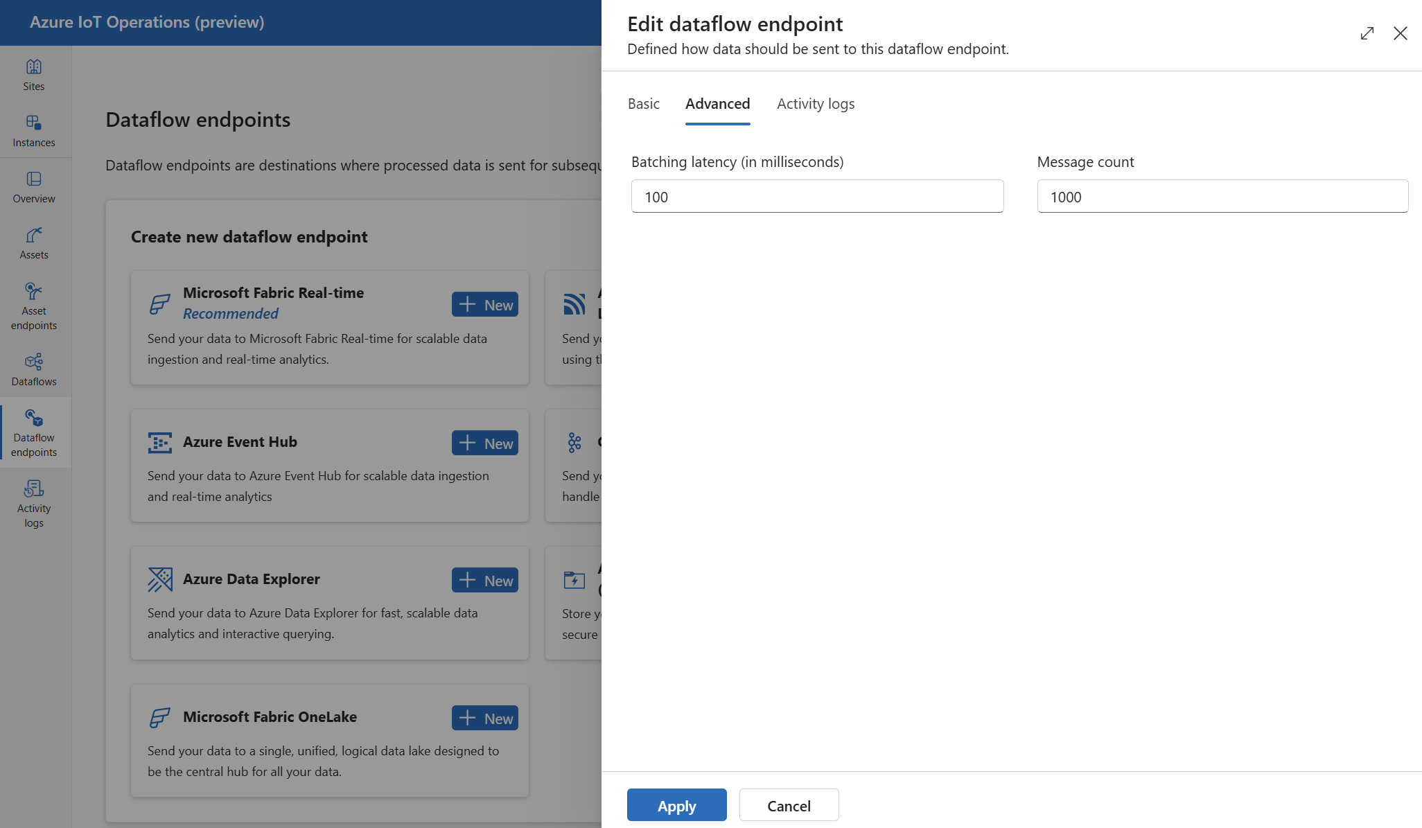 Captura de tela usando a experiência de operações para definir as configurações avançadas do ADLS V2.