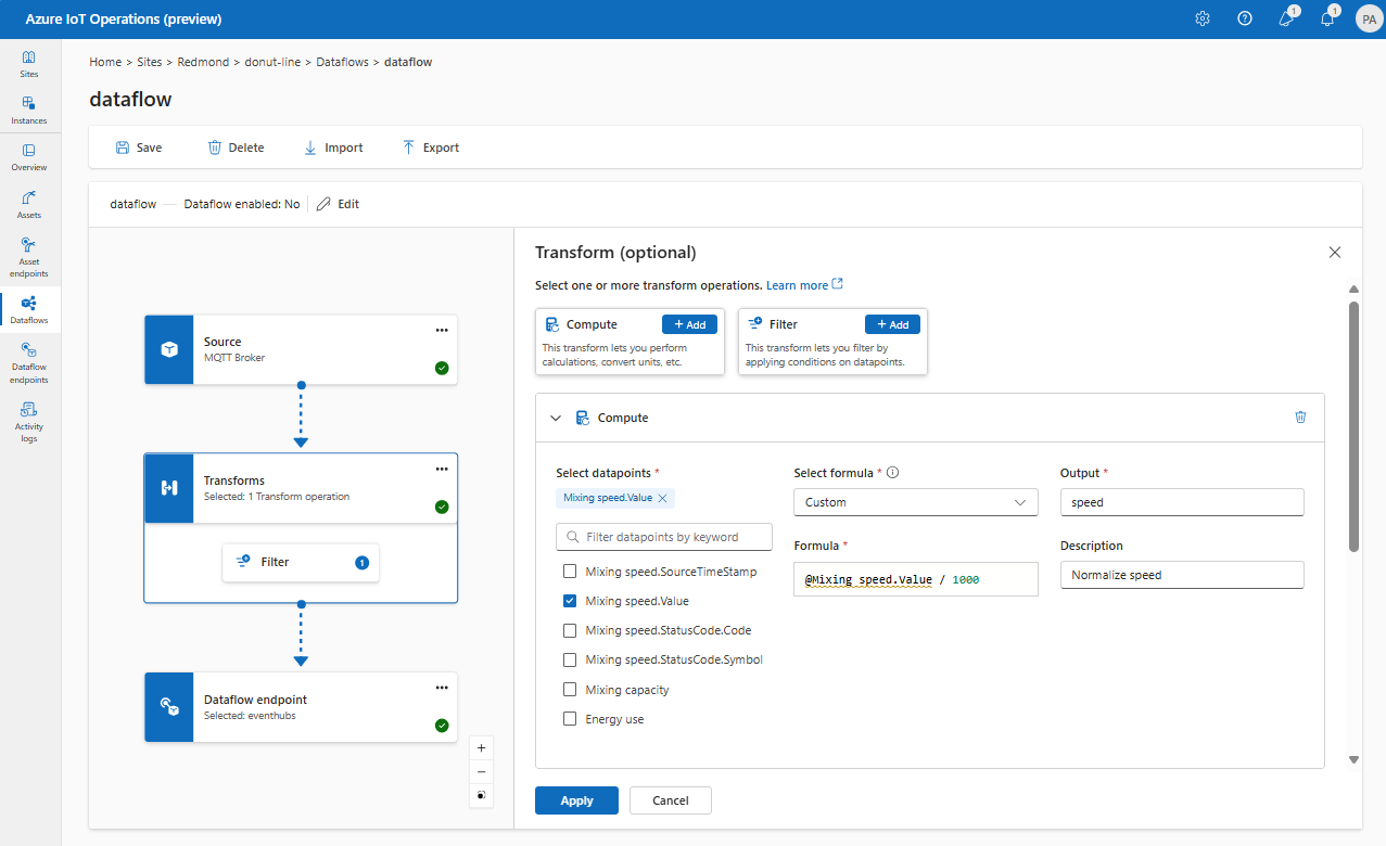 Captura de tela usando a experiência de operações para adicionar uma transformação de computação.