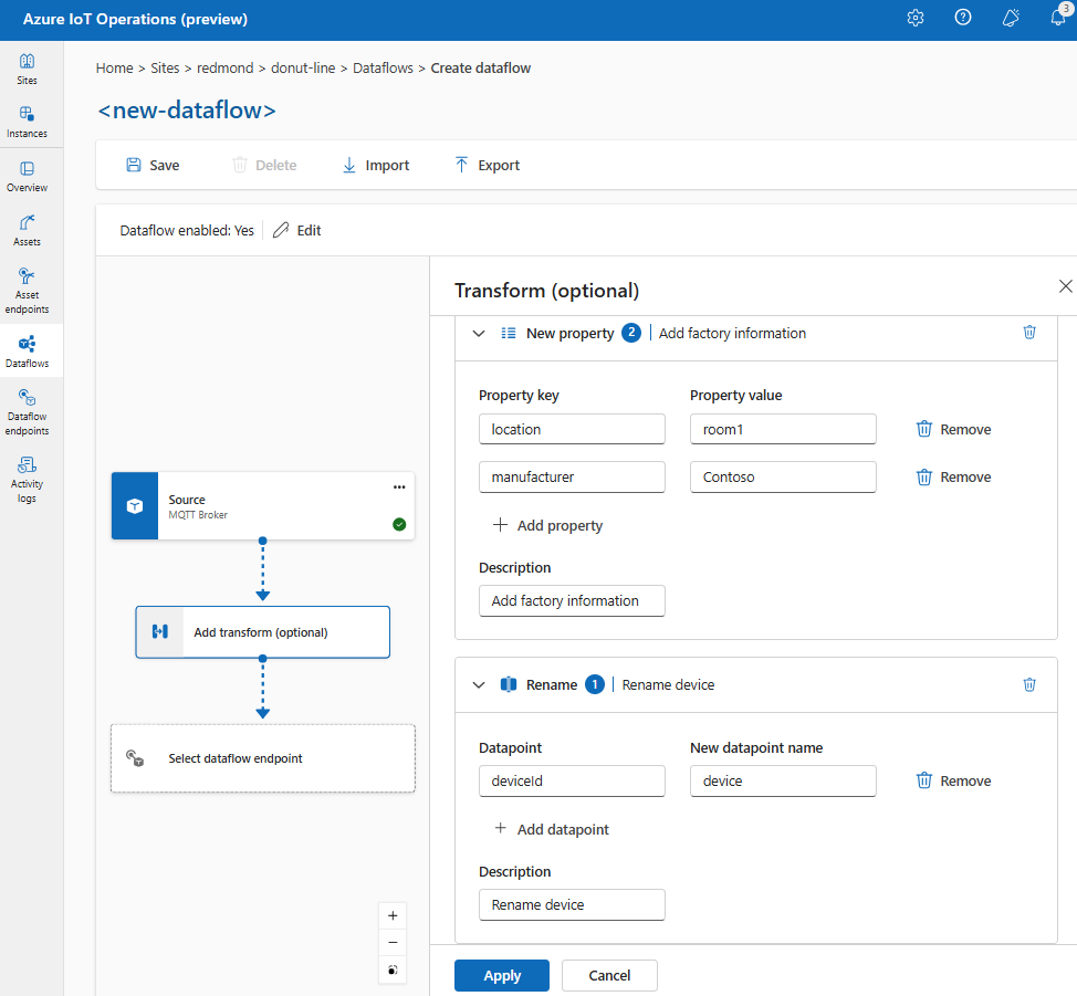 Captura de tela usando a experiência de operações para renomear um ponto de dados e adicionar uma nova propriedade.