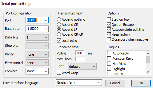 Captura de tela das configurações da porta serial no aplicativo Termite.