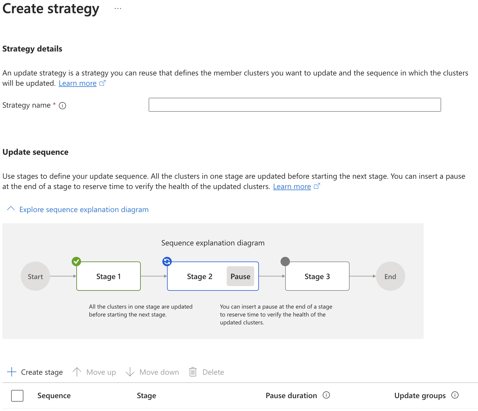 Captura de tela do portal do Azure mostrando a criação da estratégia de atualização.