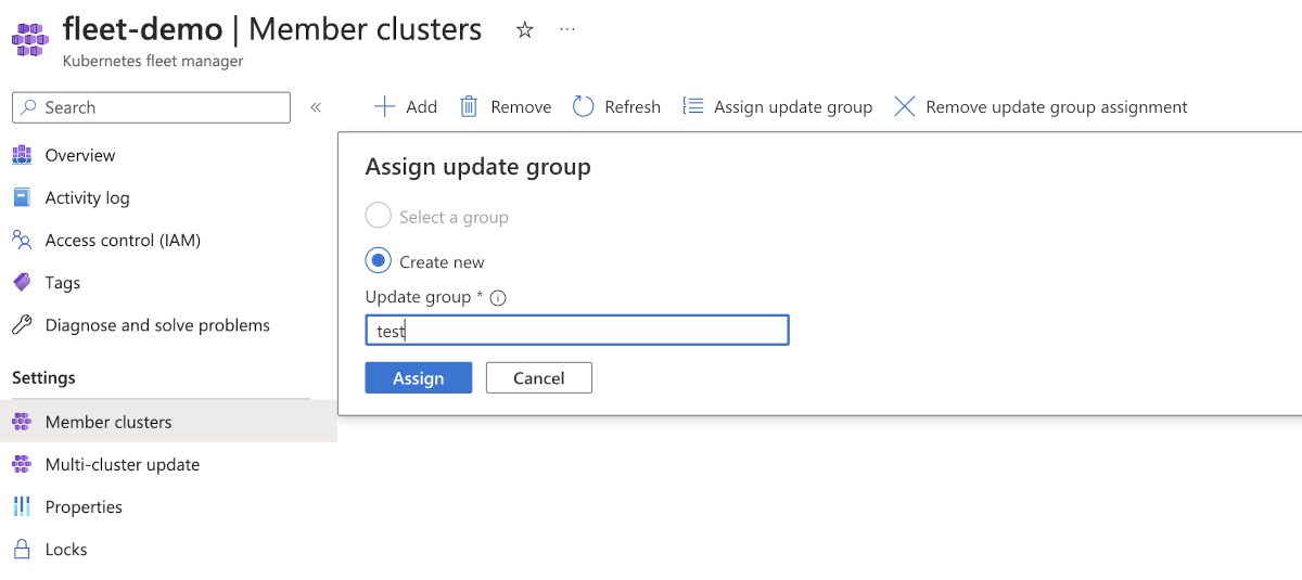 Captura de tela da página de clusters membros no portal do Azure, mostrando a atualização de um grupo do cluster membro.