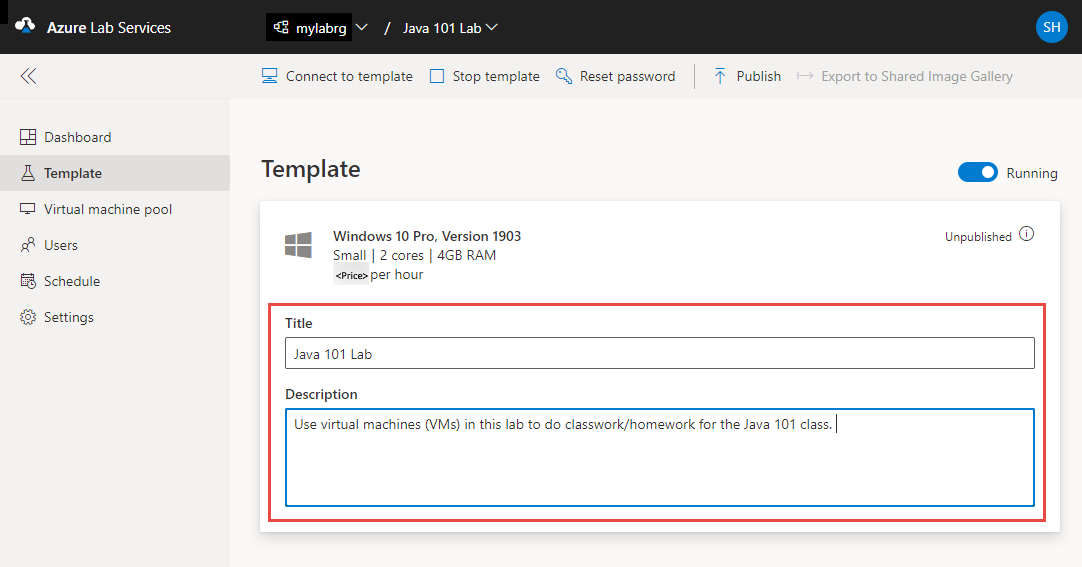 Captura de tela que mostra a página Modelo no portal do Lab Services, permitindo que os usuários editem o título e a descrição do modelo.