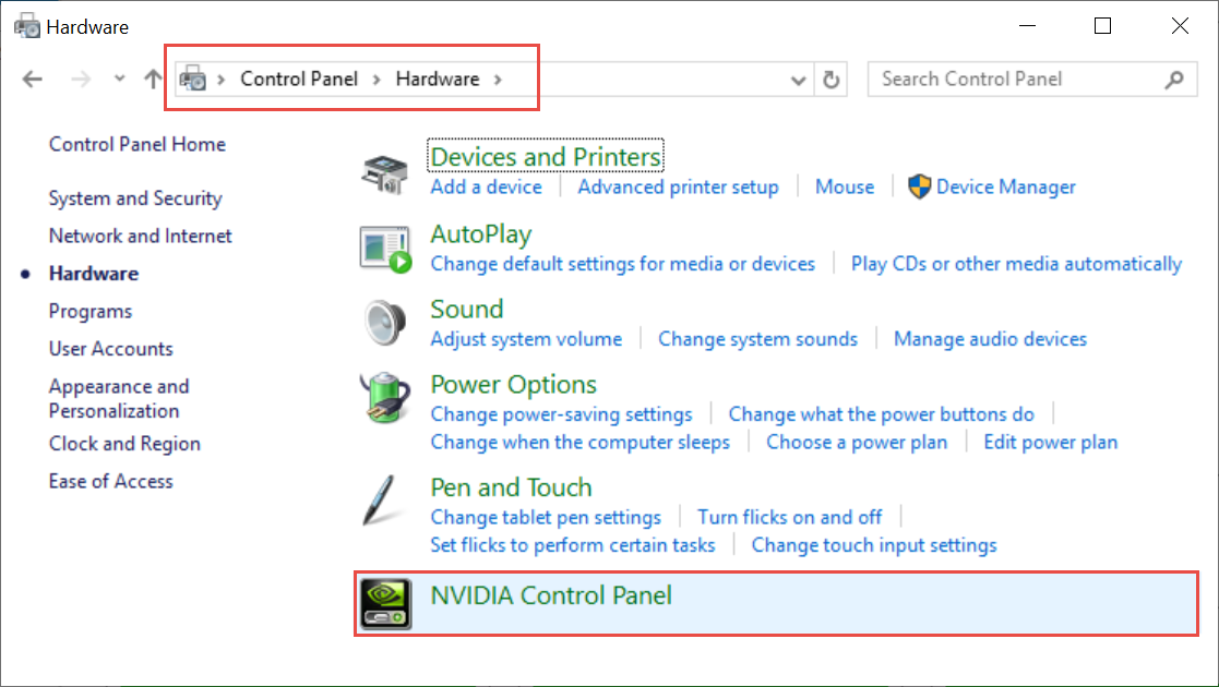 Captura de tela do Painel de Controle do Windows mostrando o link do Painel de Controle da NVIDIA.