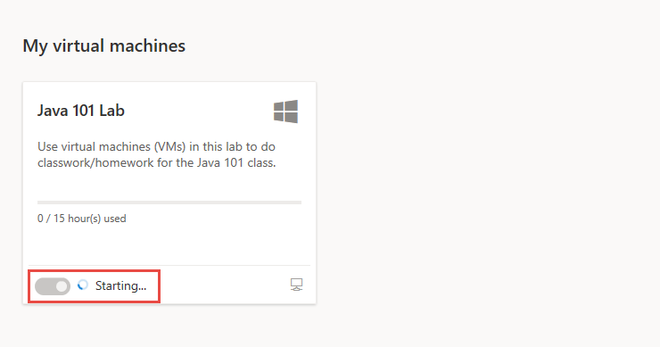 Captura de tela da página Minhas máquinas virtuais do Azure Lab Services, destacando a alternância de status e o rótulo de status no bloco da VM.