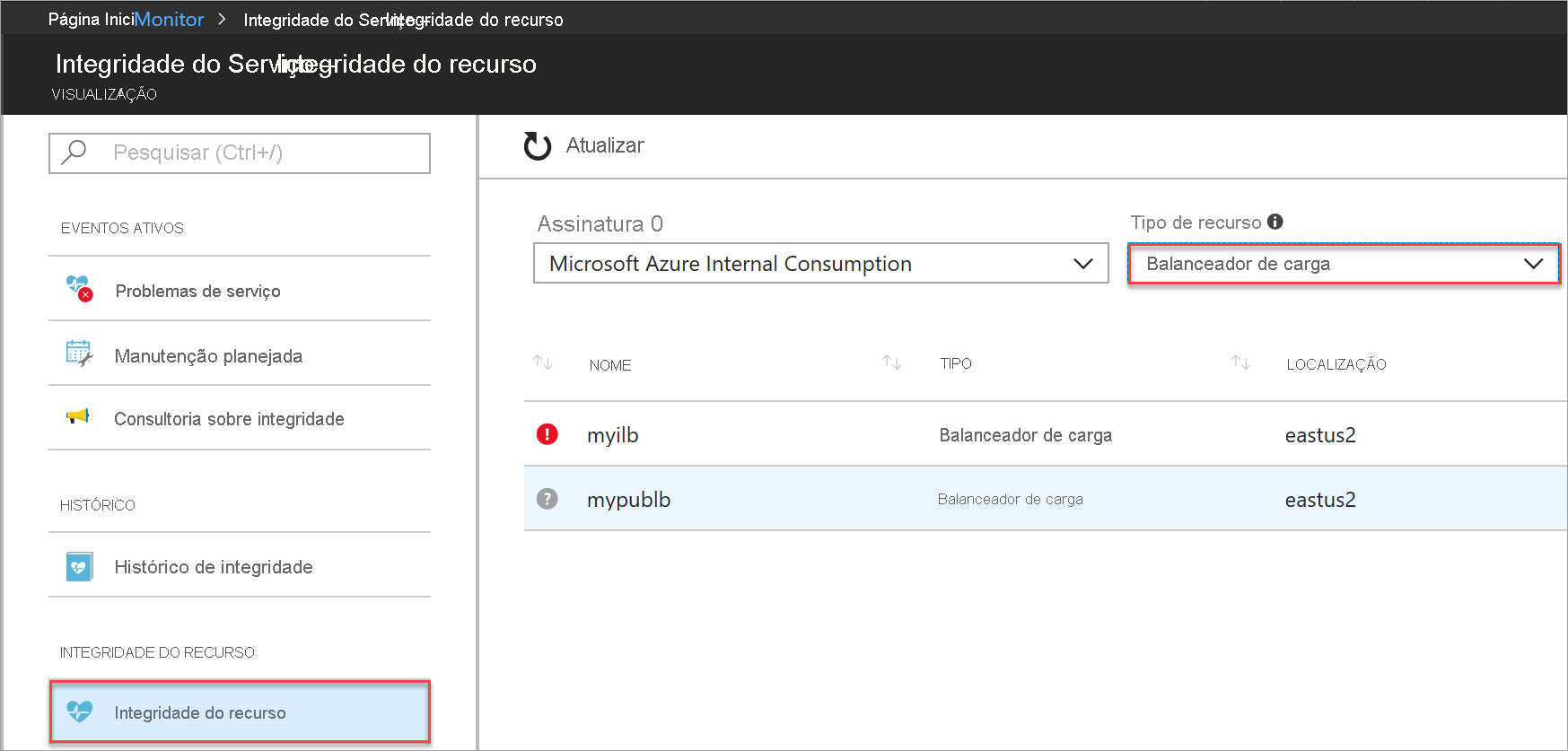 Selecione o recurso para exibição de integridade.