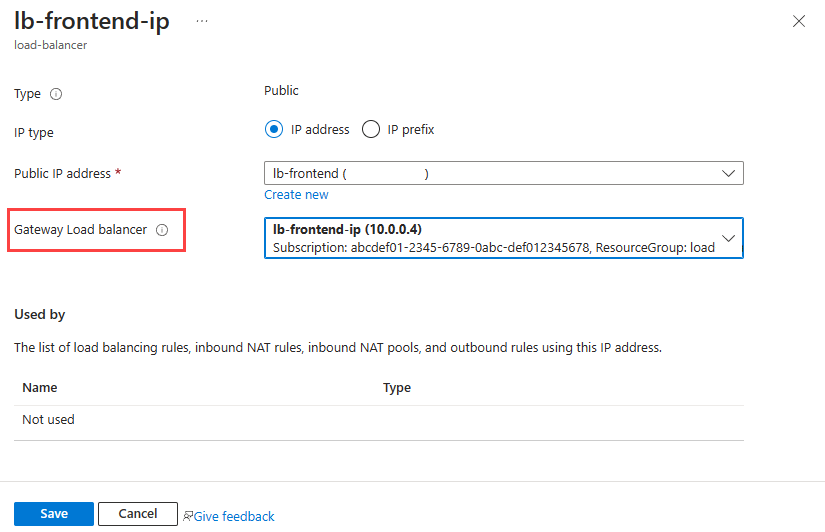 Captura de tela da adição do balanceador de carga para gateway ao IP de front-end.