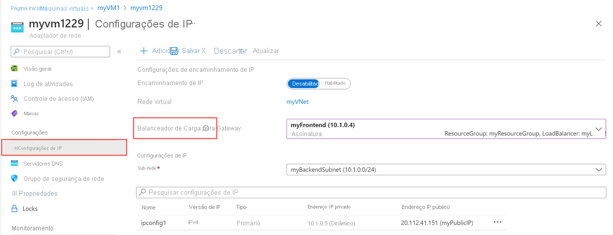 Captura de tela da configuração de IP da nic.