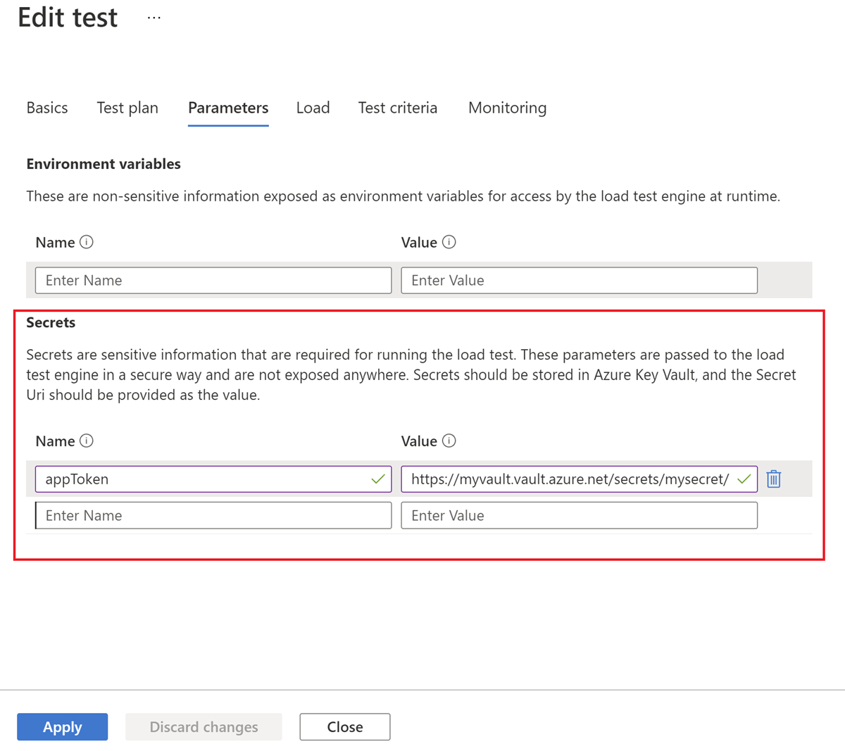 Captura de tela que mostra onde adicionar segredos a um teste de carga no portal do Azure.