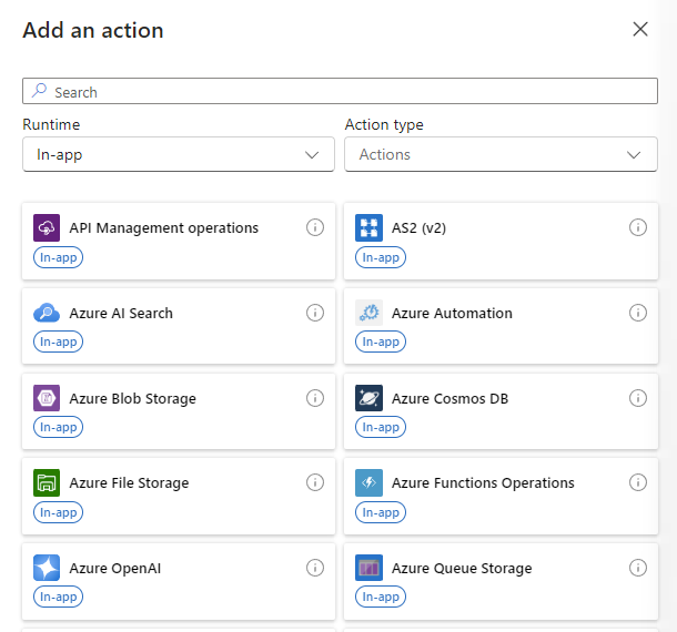 A captura de tela mostra o portal do Azure, o designer de fluxo de trabalho Standard e os conectores na opção que está selecionada: No aplicativo ou Compartilhado.