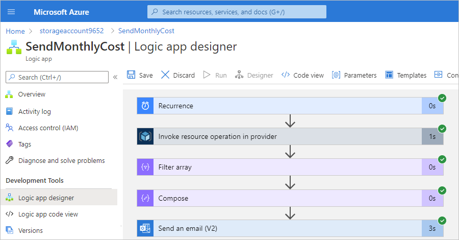 Captura de tela que mostra os detalhes de execução do fluxo de trabalho no designer.