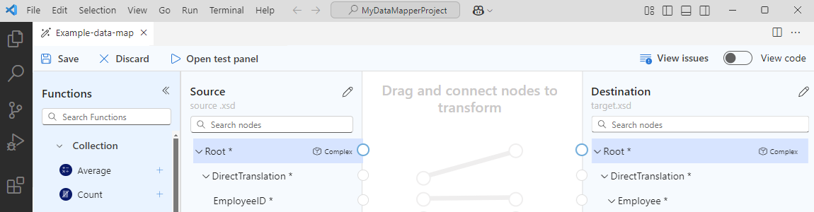 A captura de tela mostra o painel Destino preenchido com os nós de elementos do esquema XML de origem.