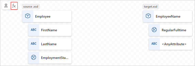 Captura de tela mostrando os elementos do esquema de origem e destino e a função selecionada denominada Mostrar funções.