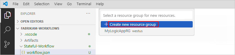 A captura de tela mostra o painel do Explorer com a lista grupos de recursos e a opção Criar grupo de recursos selecionada.