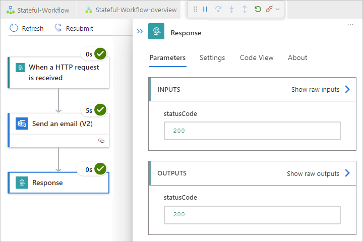 A captura de tela mostra o status de cada etapa no fluxo de trabalho atualizado, além de entradas e saídas na ação de Resposta expandida.