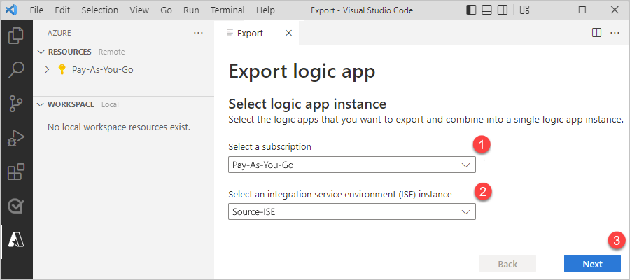 Captura de tela mostrando a guia Exportar com a assinatura do Azure e a instância ISE selecionada.