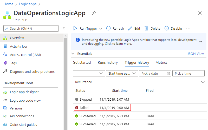 Captura de tela mostrando o portal do Azure com o histórico do gatilho do fluxo de trabalho do aplicativo lógico de Consumo.