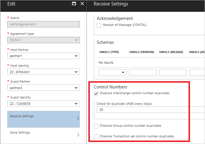 Captura de tela que mostra as configurações de verificação duplicadas nas configurações de Recebimento do contrato EDIFACT.