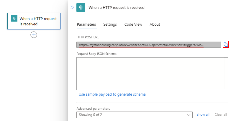 A captura de tela mostra o fluxo de trabalho Standard, o gatilho de Solicitação e o URL de retorno de chamada gerado para o ponto de extremidade.