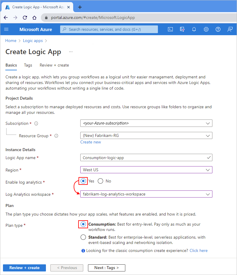 Captura de tela que mostra o portal do Azure e a página de criação do aplicativo lógico de Consumo.