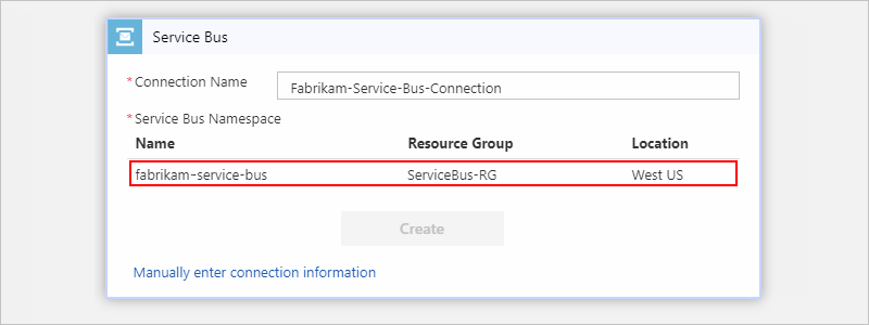 Insira o nome da conexão e selecione o namespace do Barramento de Serviço