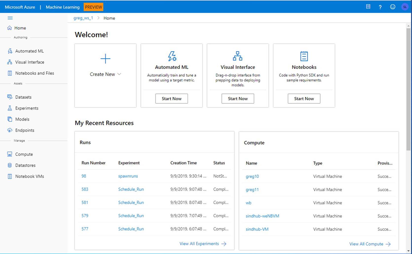 Interface do usuário do espaço de trabalho do Azure Machine Learning (versão prévia)