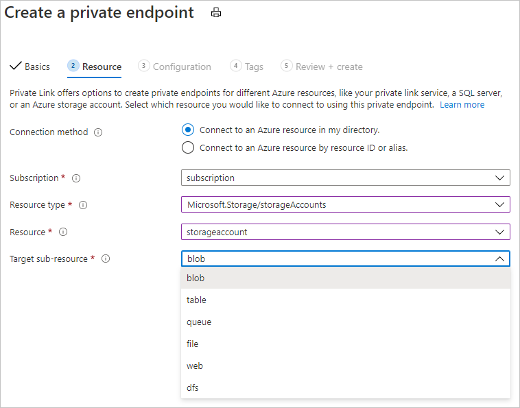 Captura de tela mostrando a página de configuração de ponto de extremidade privado com opções de blob e arquivo