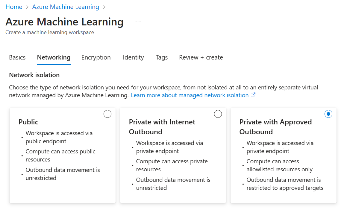 Captura de tela das opções de VNet (rede virtual) gerenciadas no Azure Machine Learning.