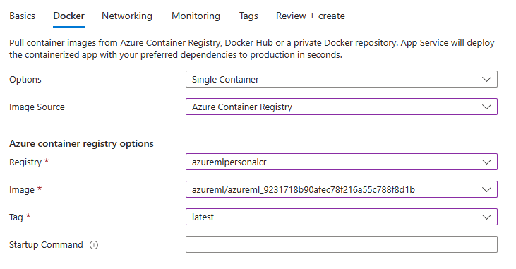 Uma captura de tela mostrando a seção Docker do assistente, onde a imagem do docker associada ao pacote é indicada.