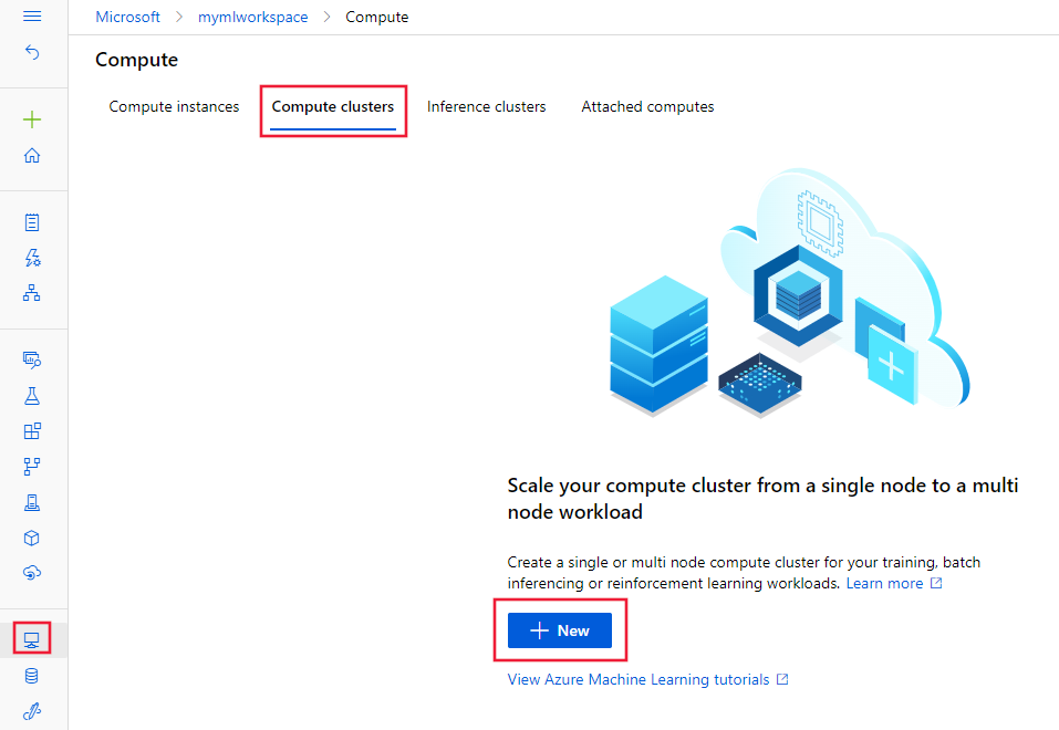 Captura de tela da página de clusters de computação, com o botão 'novo' selecionado.