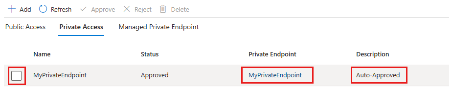 Captura de tela do portal do Azure, gerenciar ponto de extremidade privado.