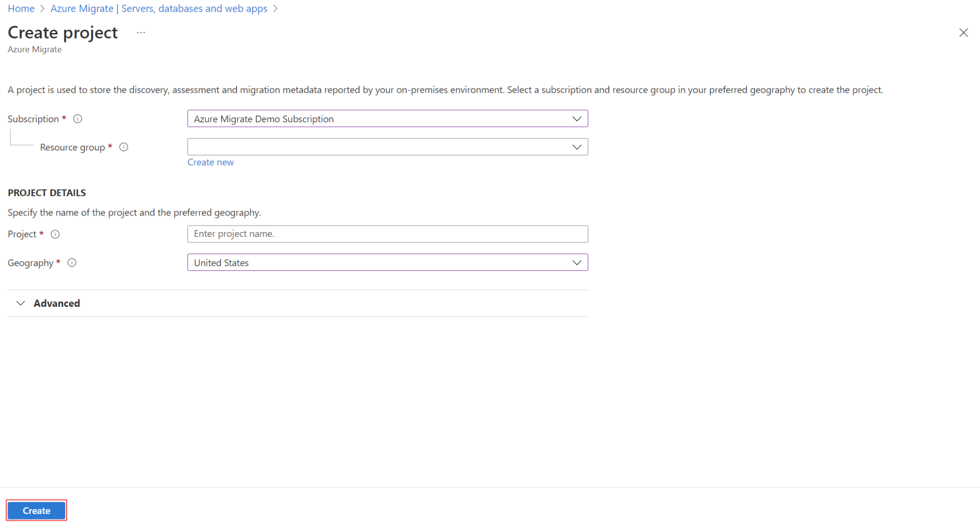 Imagem da página das Migrações para Azure para inserir as configurações do projeto.