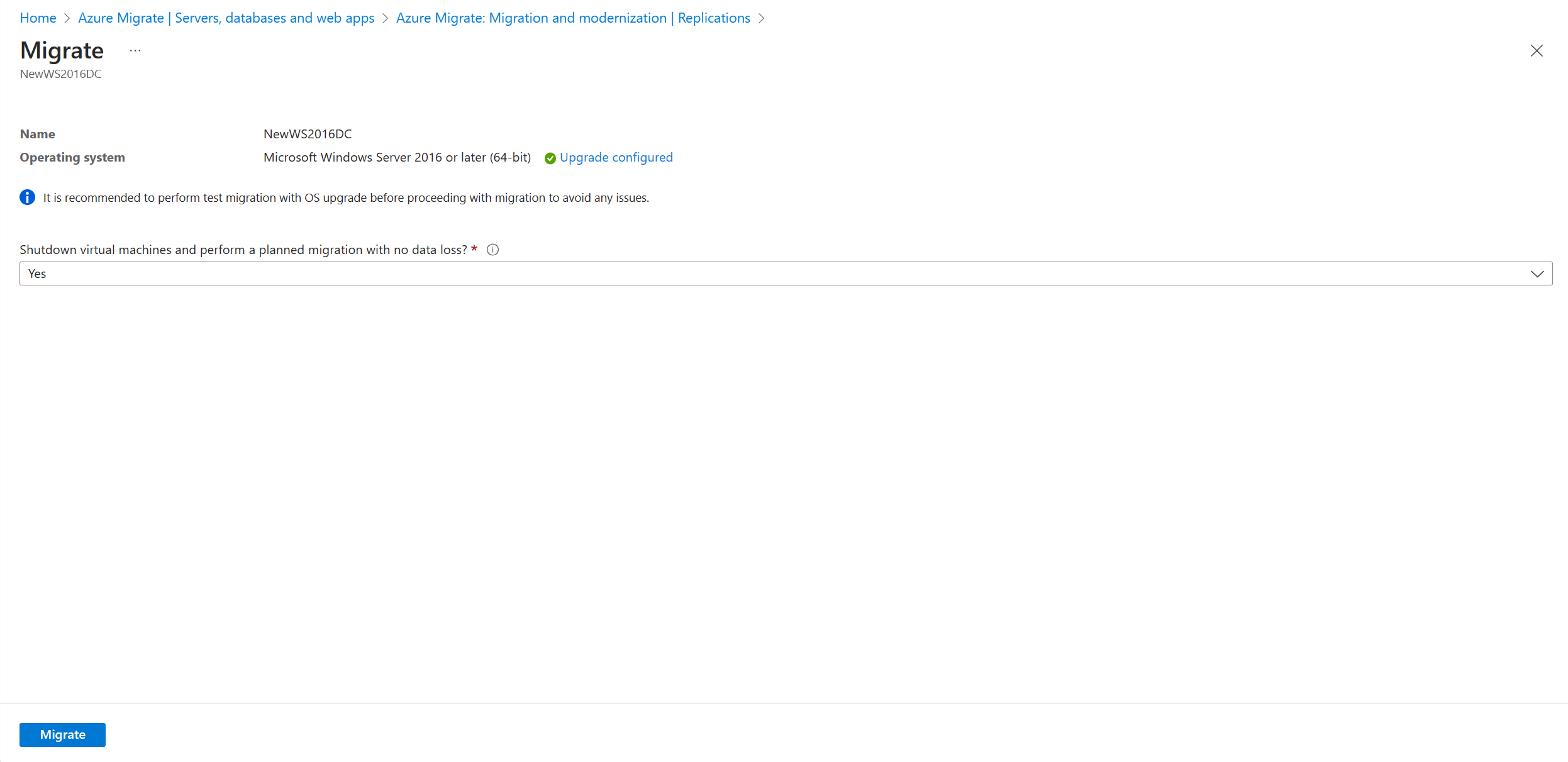 Screenshot with the Upgrade configured option in the Migration screen.