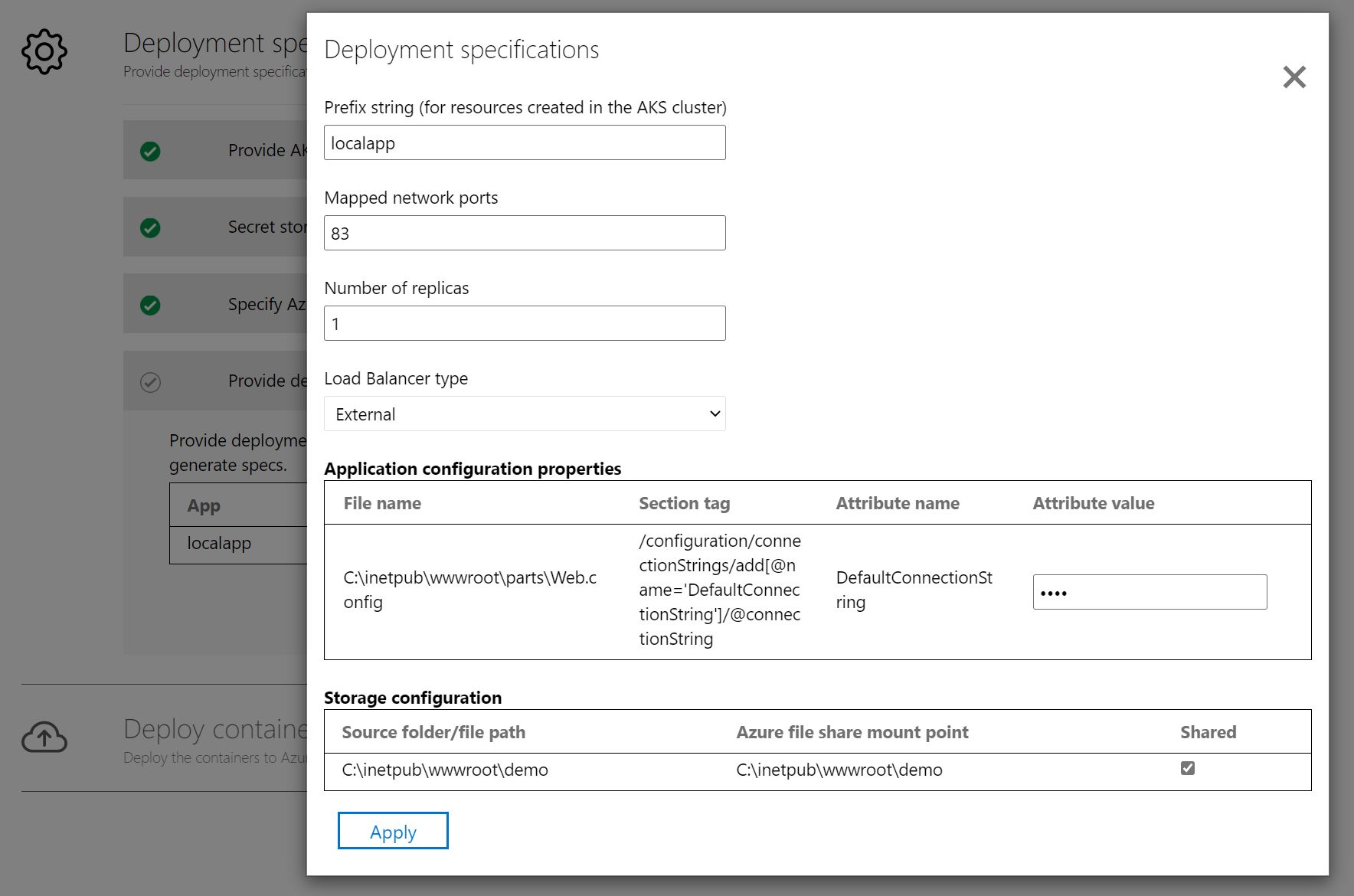 Captura de tela da configuração do aplicativo de implantação.