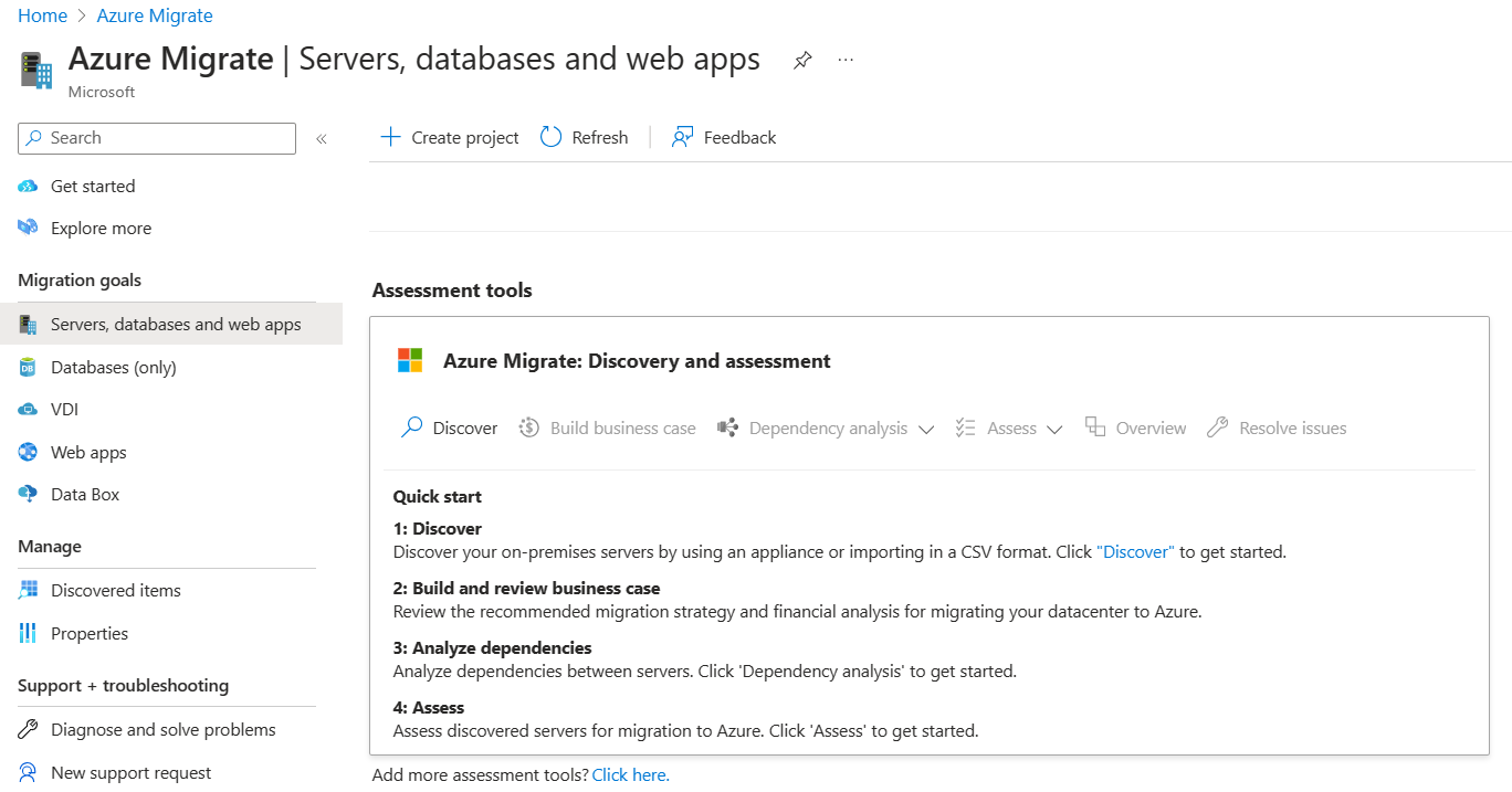 Captura de tela mostrando o Migrações para Azure: Ferramenta de descoberta e avaliação adicionada por padrão.