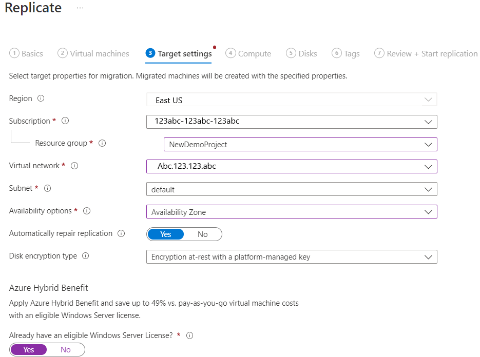 Captura de tela que mostra as Configurações de destino.