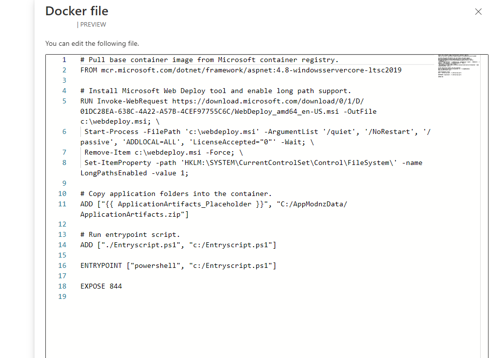 Captura de tela do editor de arquivos do Docker nas configurações de destino.