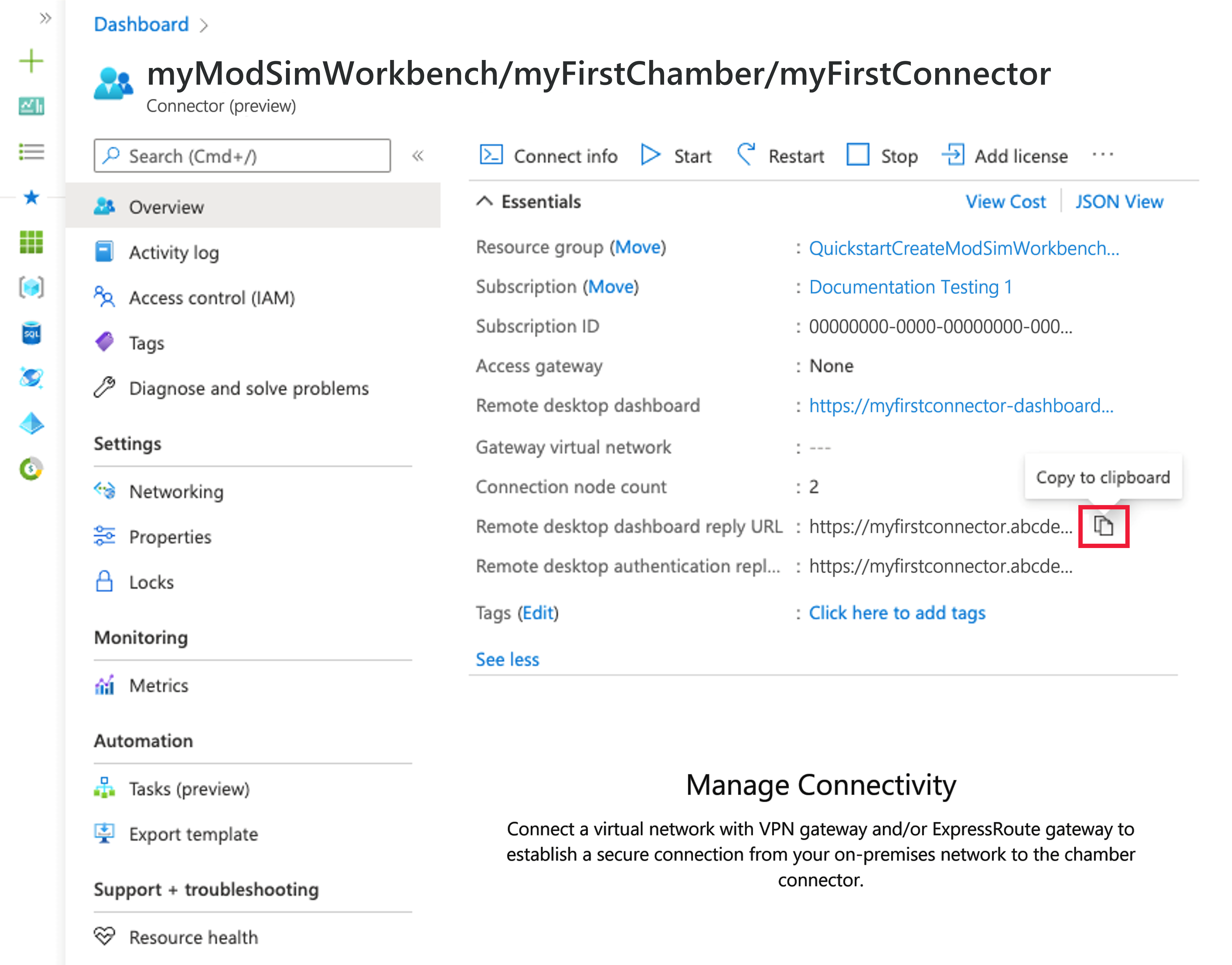 Captura de tela da página de visão geral do conector que mostra o local em que você seleciona as URLs de resposta.