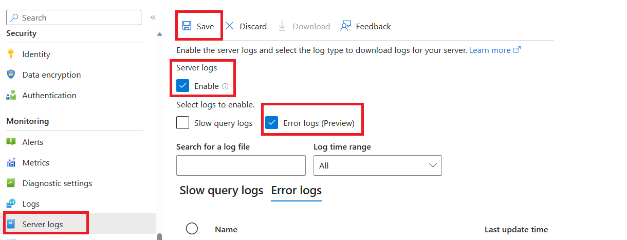 Captura de tela da exibição do portal mostrando Logs de Erros - Habilitar.