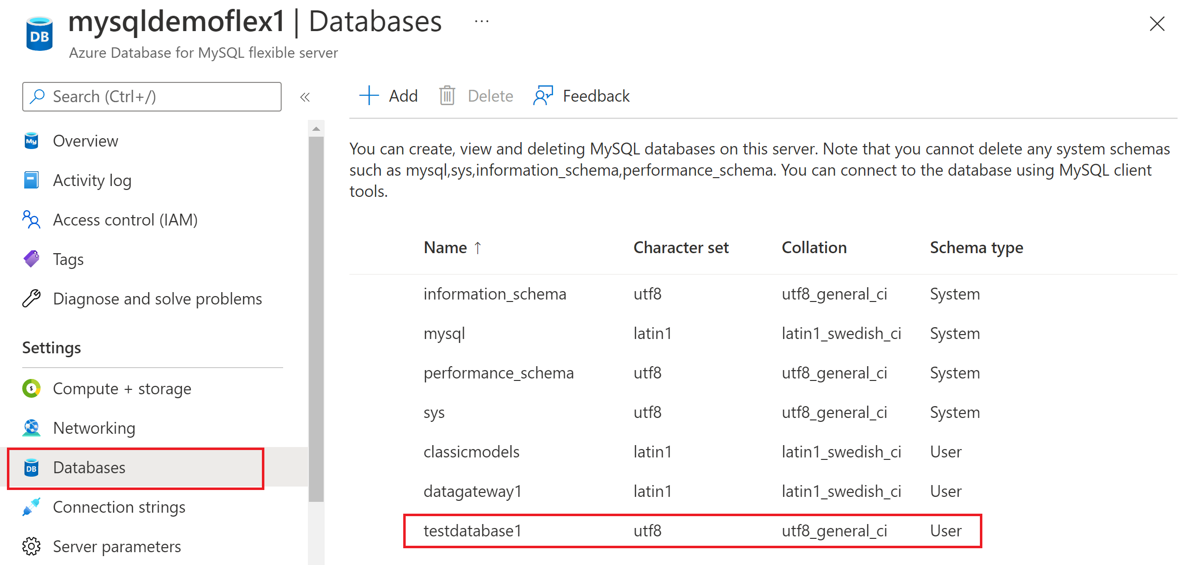 Captura de tela mostrando como listar todos os bancos de dados no servidor flexível do Banco de Dados do Azure para MySQL.